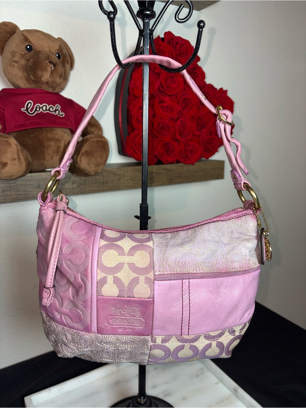 Coach Ali Pink Patchwork Mini Shoulder Bag with Gold Hardware